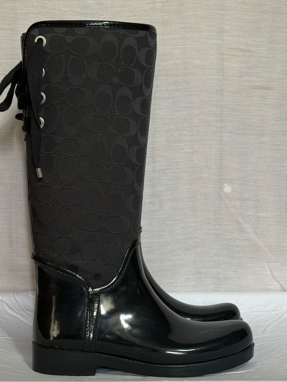 Coach Tristee Signature Black Rain Boots Fleece Lined Size 9 NWOB